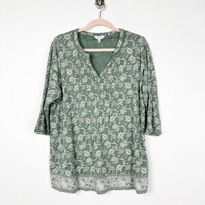 2/$30 Lucky Brand Floral Print Short Sleeve Boho Tunic Blouse Green 1X #BAG1